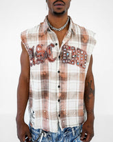 Preme Frayed Muscle Yarn Dye Plaid Shirt With Applique And Color Rhinestones