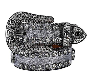 Rhinestones Belt 3 Skulls - SILVER/WHITE - XL