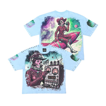 Stray acid washed, digital print metal stud trim T-Shirt - Slate