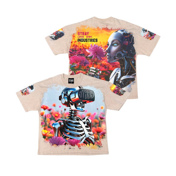 Stray acid washed, digital print metal stud trim T-Shirt - Stone