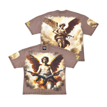 Stray acid washed, digital print metal stud trim T-Shirt - Mushroom