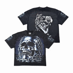 Acid Washed Digital Print Metal Stud Trim T-Shirt - Black - ST1728