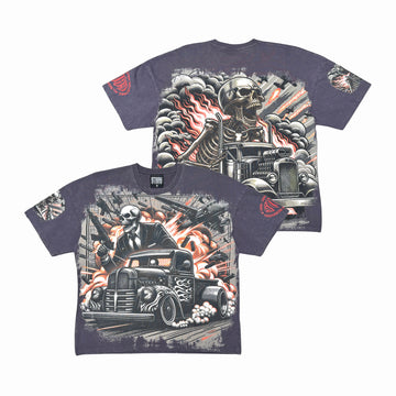 Acid Washed Digital Print Metal Stud Trim T-Shirt - Charcoal - ST1755