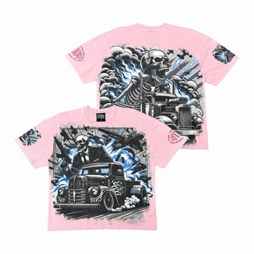 Acid Washed Digital Print Metal Stud Trim T-Shirt - Dust Pink - ST1755