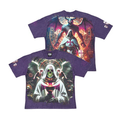 Acid Washed Digital Print Metal Stud Trim T-Shirt - Dark Purple - ST1742