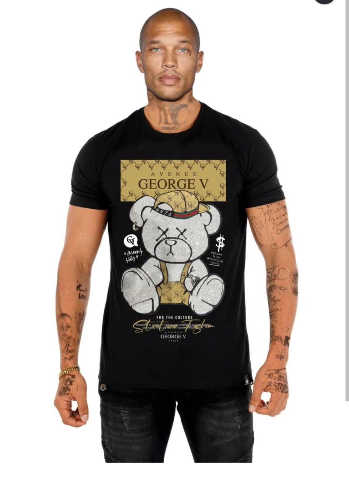 George V Streetwear Bear Graphic T-Shirt - Black