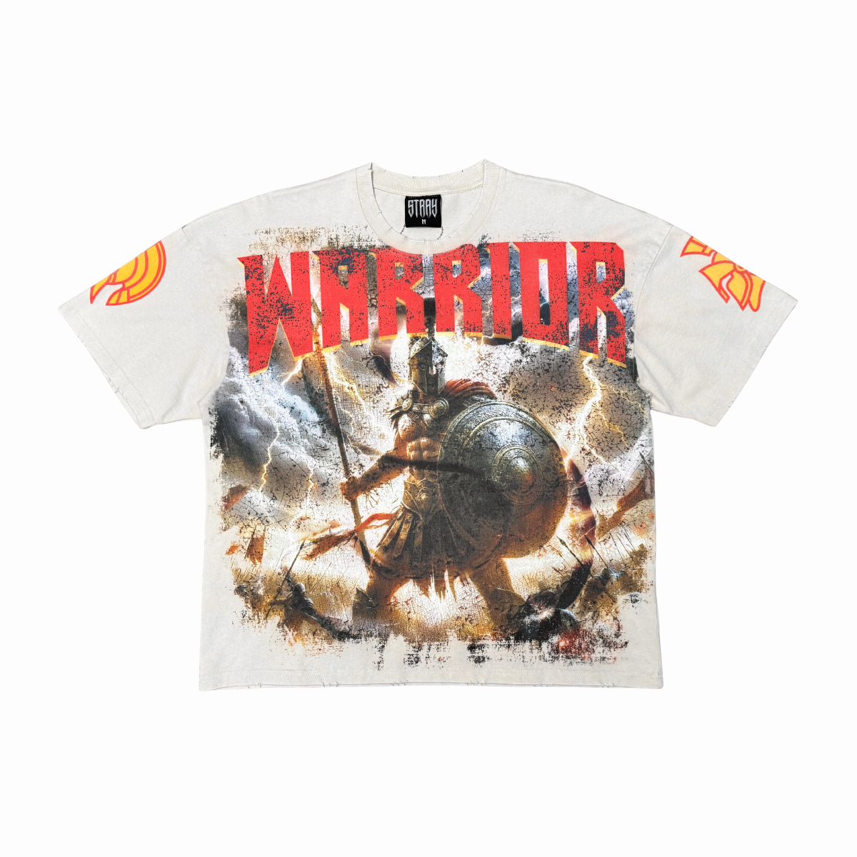 Stray acid washed, digital print metal stud trim tshirt - Sand