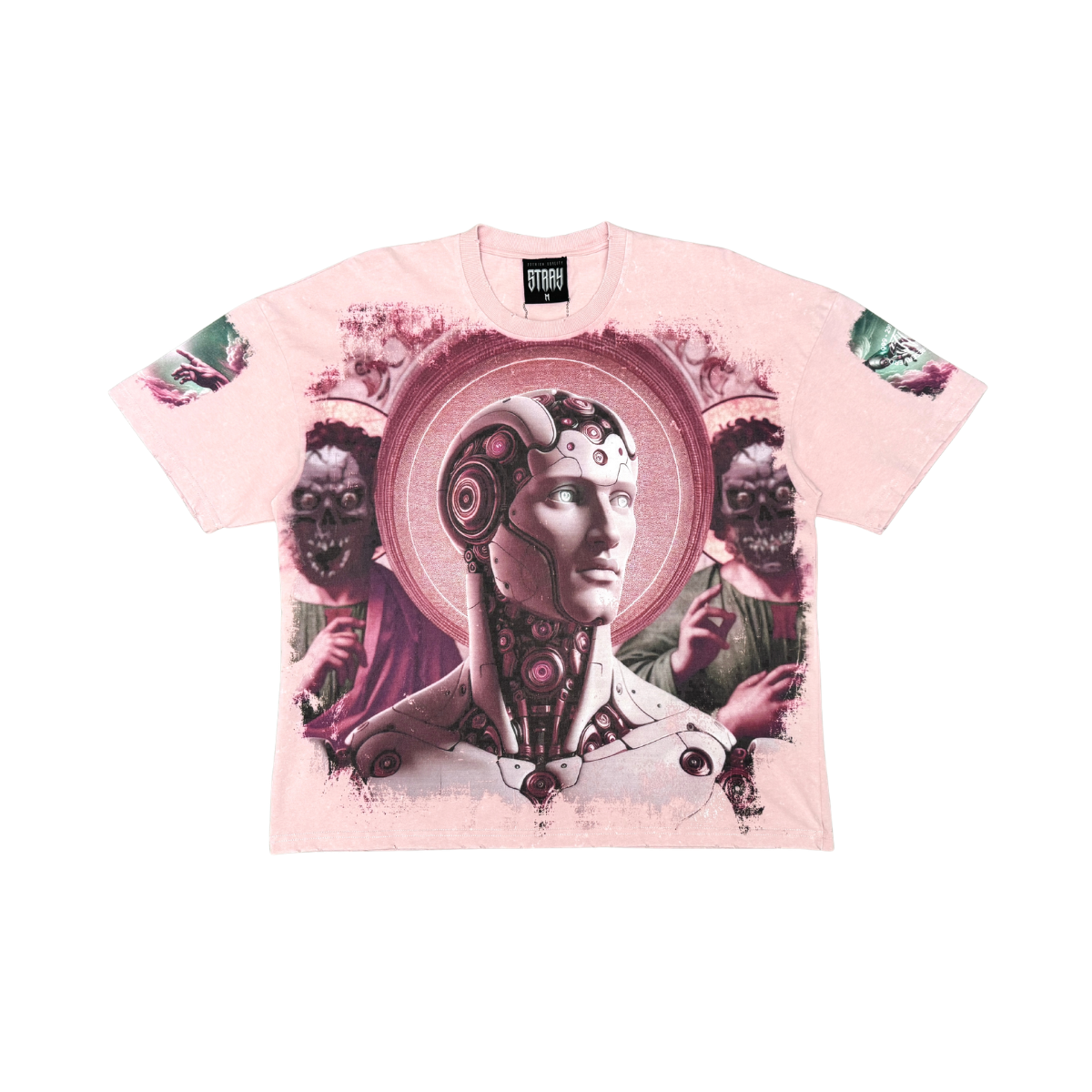 Stray acid washed, digital print metal stud trim tshirt - Dusty Pink