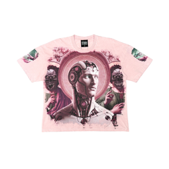 Stray acid washed, digital print metal stud trim tshirt - Dusty Pink