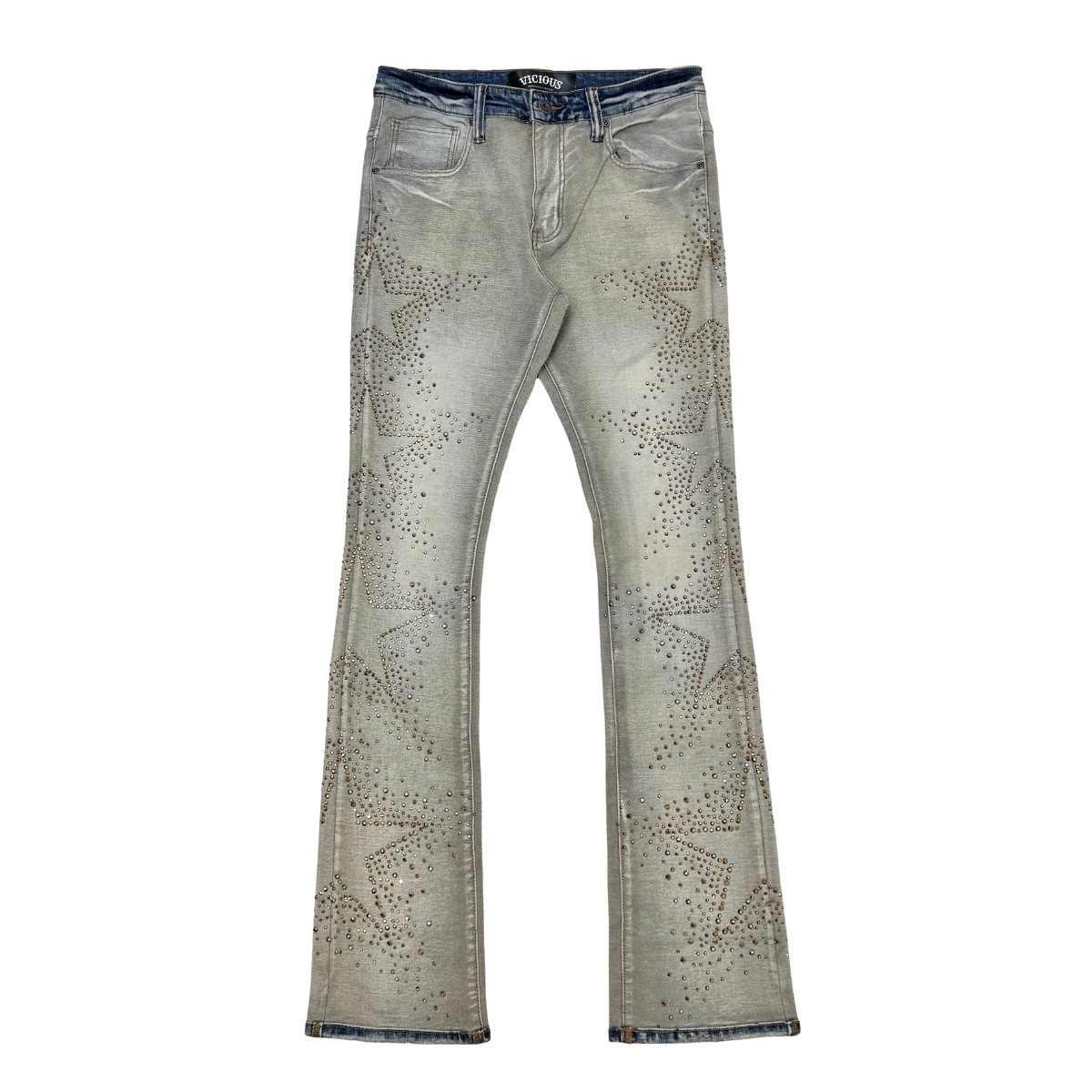 Vicious Rhinestone Star Skinny Bootcut Jeans - Reverse Indigo