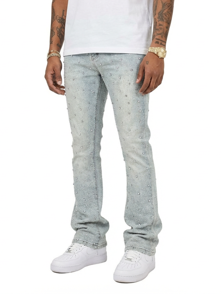 Vicious Rhinestone Skinny Bootcut Jeans - Light Blue