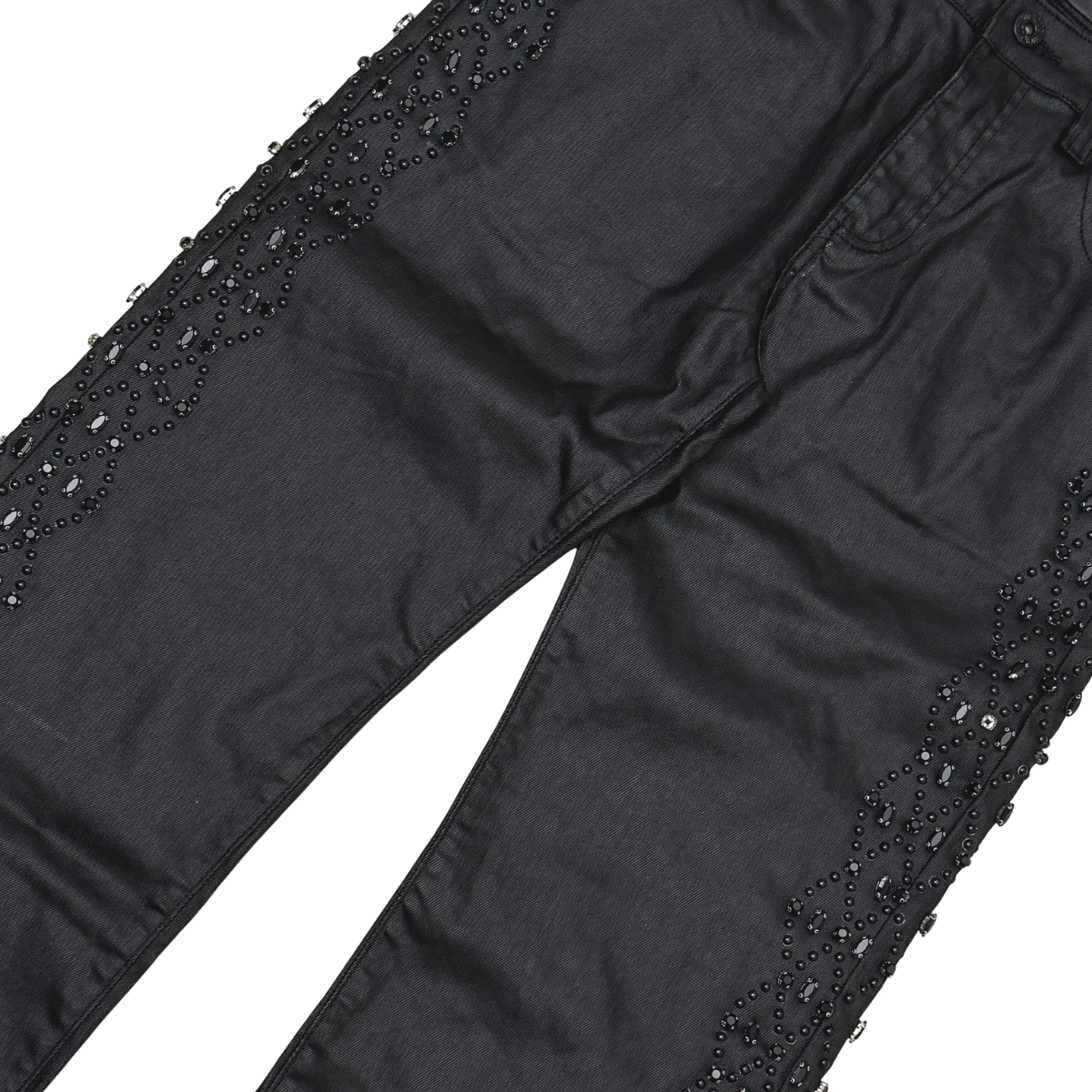 Vicious Side Rhinestone Relaxed Flare Jeans - Coated Black
