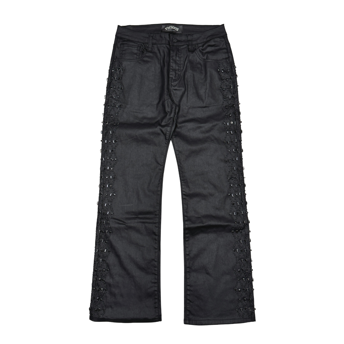 Vicious Side Rhinestone Relaxed Flare Jeans - Coated Black