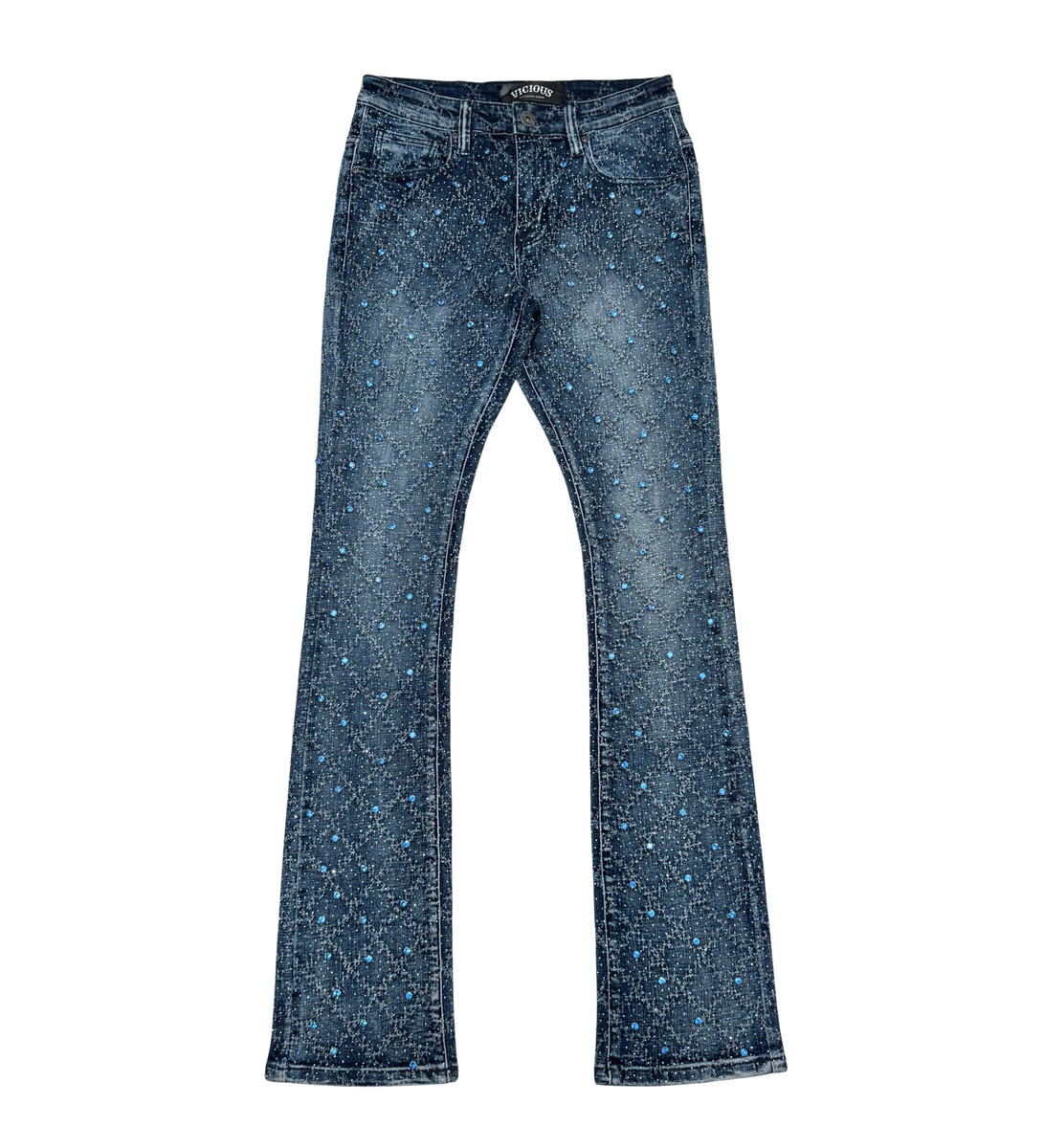 Vicious Rhinestone Flare Jeans - Dark Blue