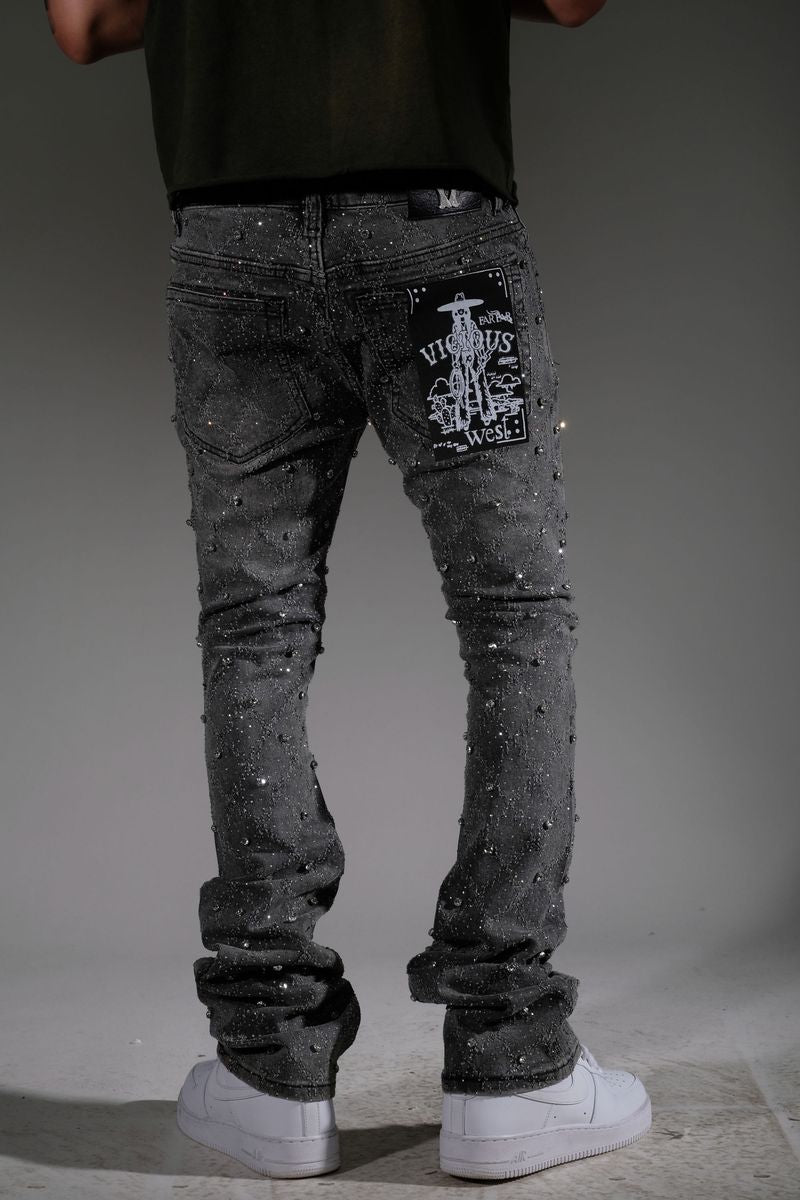 Vicious Rhinestone Flare Jeans - Grey