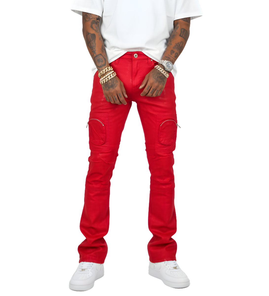 Vicious Wax Coated Cross Print Skinny Bootcut Jeans - Red