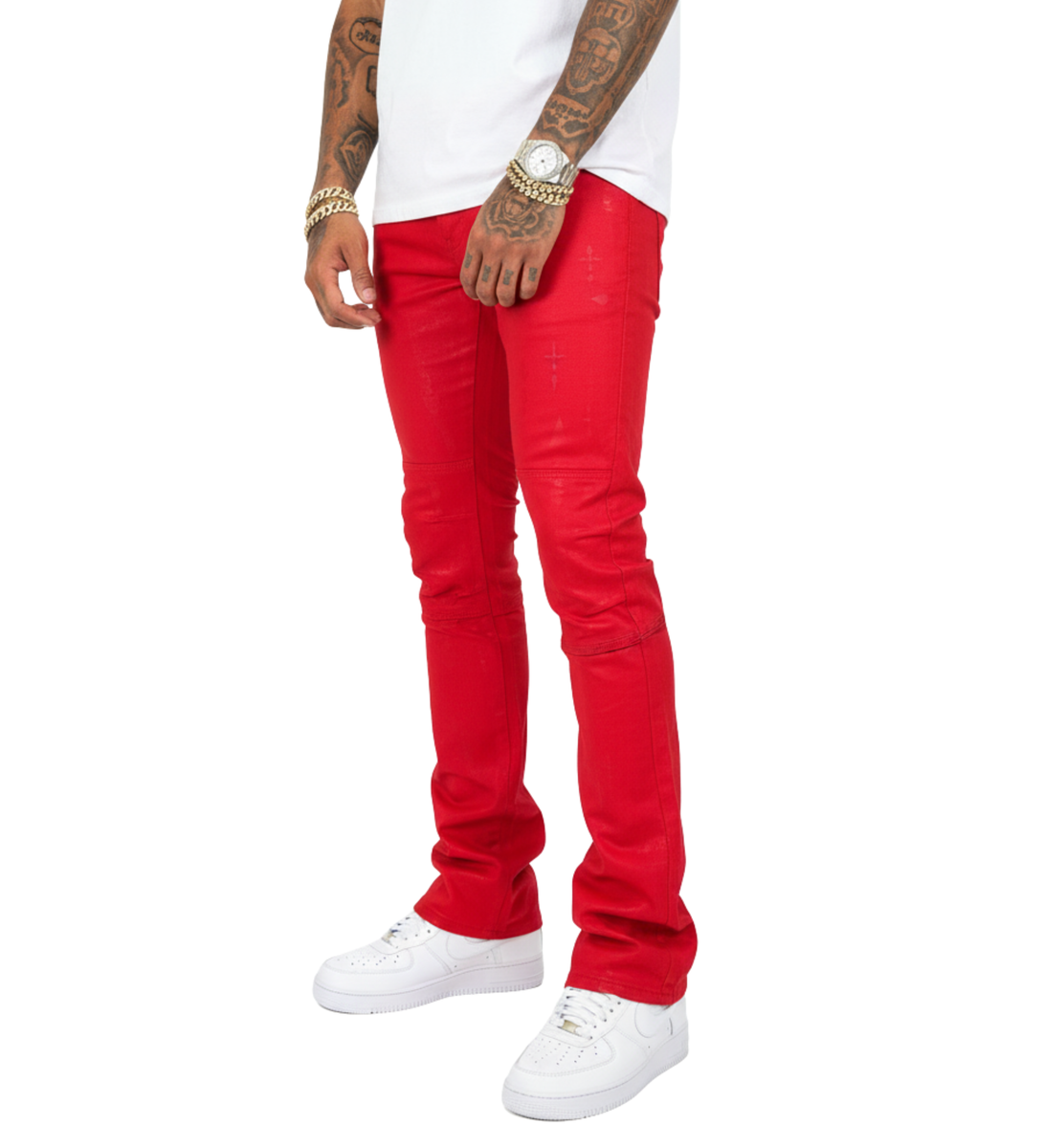 Vicious Wax Coated Cross Print Skinny Bootcut Jeans - Red