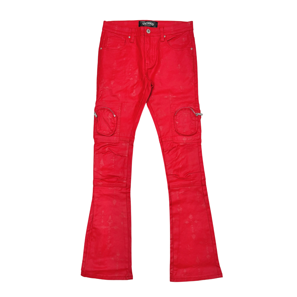 Vicious Wax Coated Cross Print Skinny Bootcut Jeans - Red