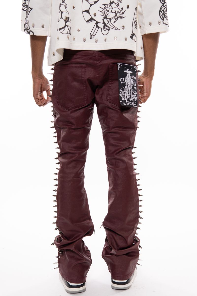 Vicious Wax Coated Spiked Skinny Bootcut Jeans - Burgundy