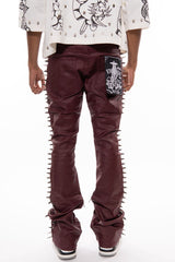 Vicious Wax Coated Spiked Skinny Bootcut Jeans - Burgundy