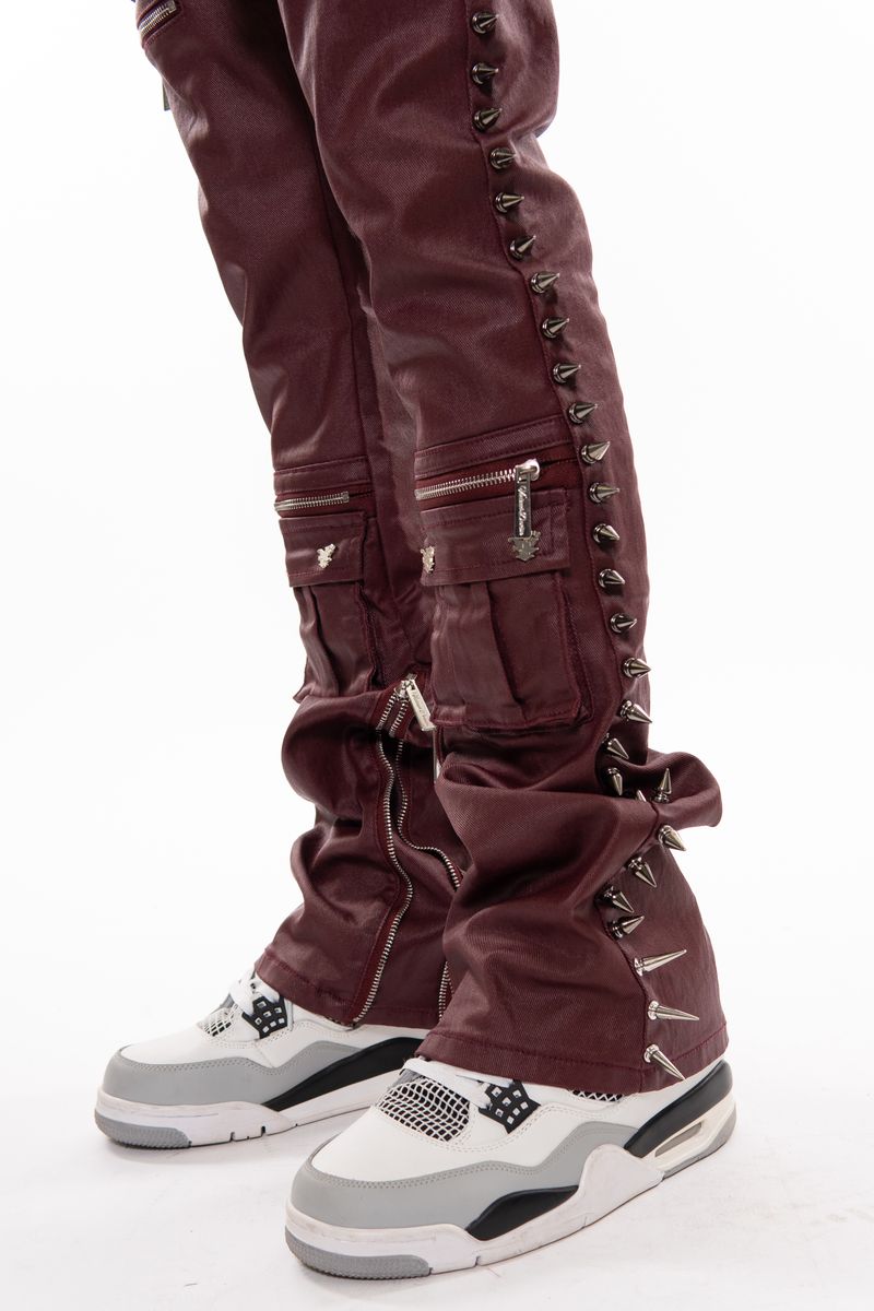 Vicious Wax Coated Spiked Skinny Bootcut Jeans - Burgundy