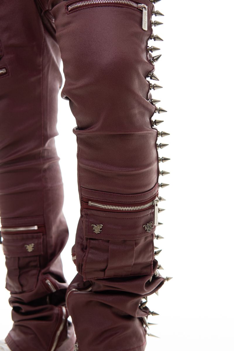 Vicious Wax Coated Spiked Skinny Bootcut Jeans - Burgundy