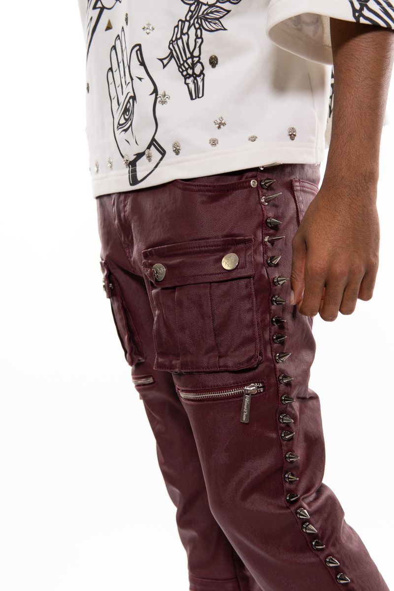 Vicious Wax Coated Spiked Skinny Bootcut Jeans - Burgundy