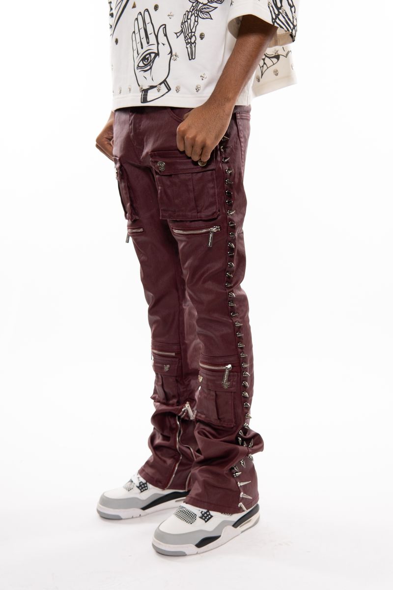 Vicious Wax Coated Spiked Skinny Bootcut Jeans - Burgundy