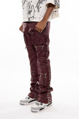 Vicious Wax Coated Spiked Skinny Bootcut Jeans - Burgundy