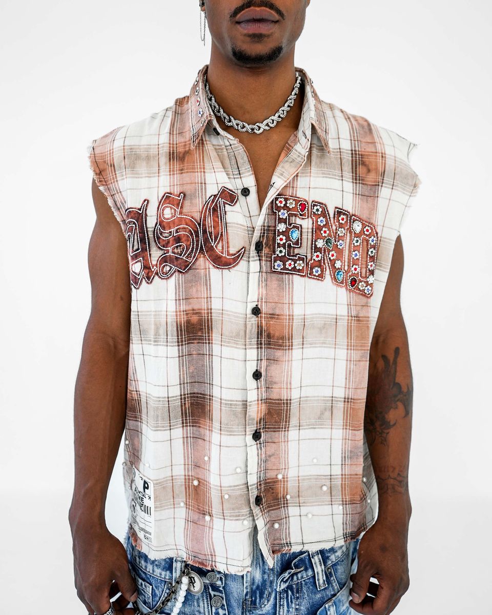 Preme Frayed Muscle Yarn Dye Plaid Shirt With Applique And Color Rhinestones