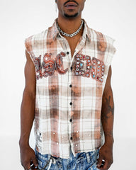 Preme Frayed Muscle Yarn Dye Plaid Shirt With Applique And Color Rhinestones